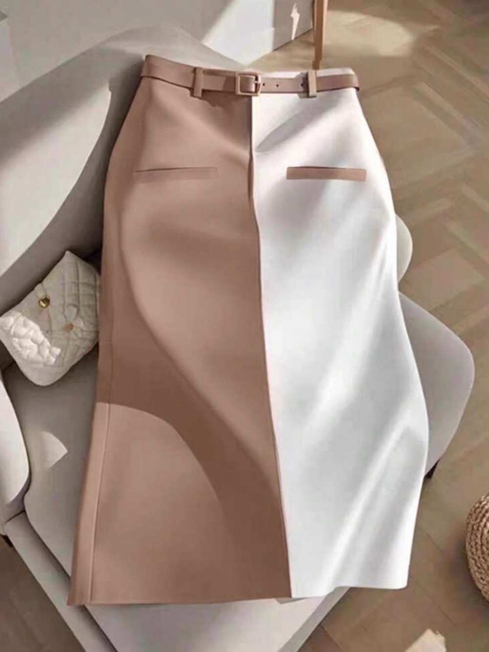 Two-Tone Beige and White Pencil Skirt with Belt
